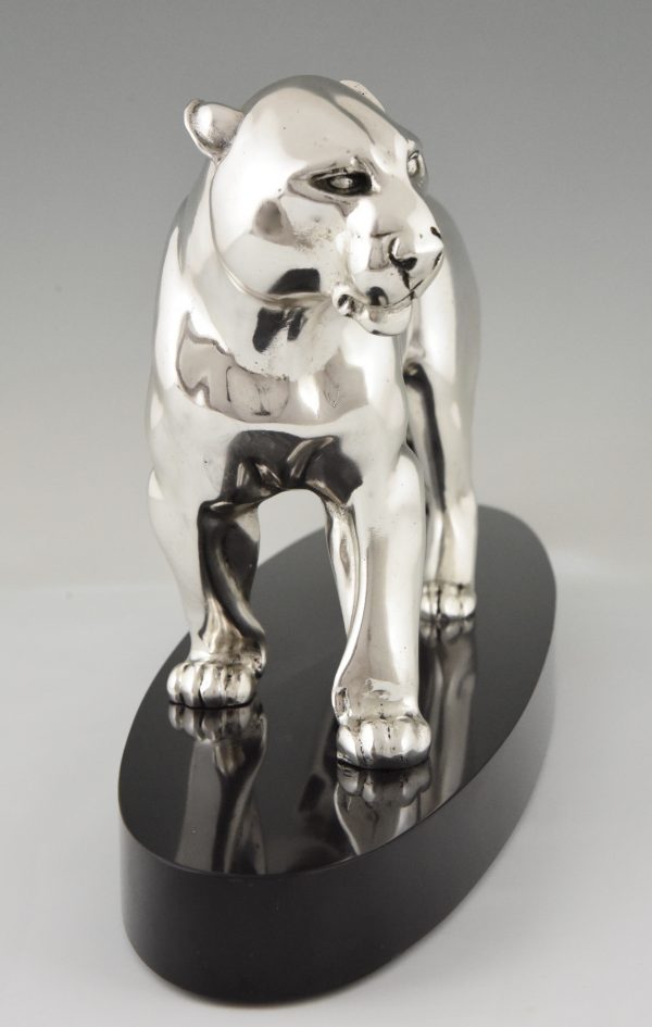 Art Deco silvered bronze sculpture of a panther.