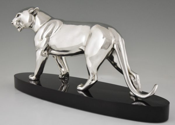 Art Deco silvered bronze sculpture of a panther.