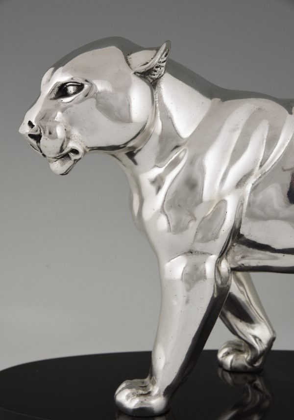 Art Deco silvered bronze sculpture of a panther.