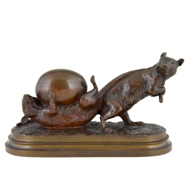 Antique bronze of two mice with egg