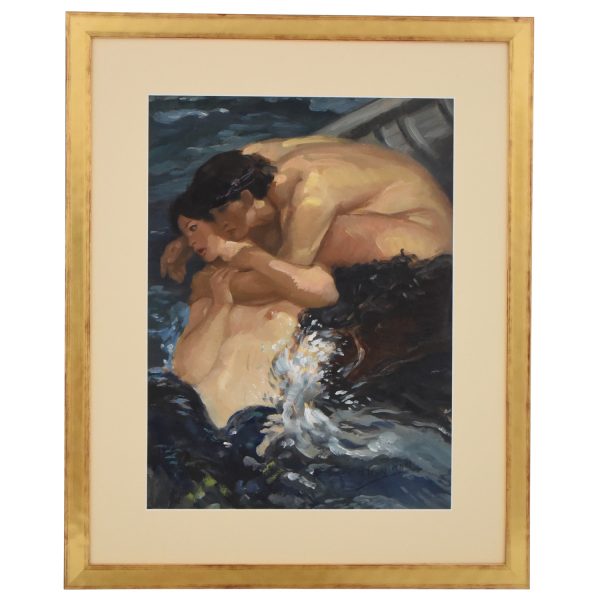 Gemälde Jugendstil Fischer eine Meerjungfrau umarmend.