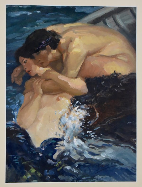Tableau Art Nouveau sirène et pêcheur s’embrassant.