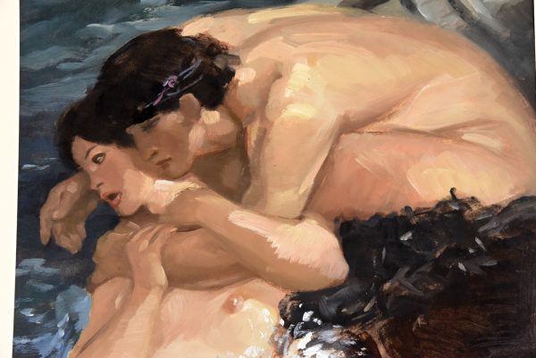 Art Nouveau painting mermaid and fisherman embracing