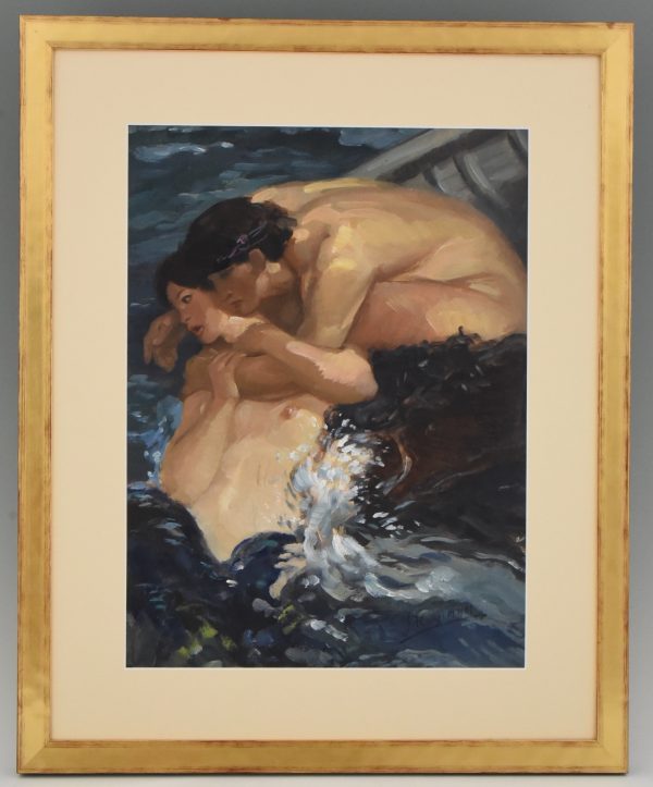 Gemälde Jugendstil Fischer eine Meerjungfrau umarmend.