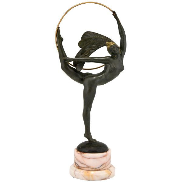 Art Deco bronze hoop dancer with feathered headdress