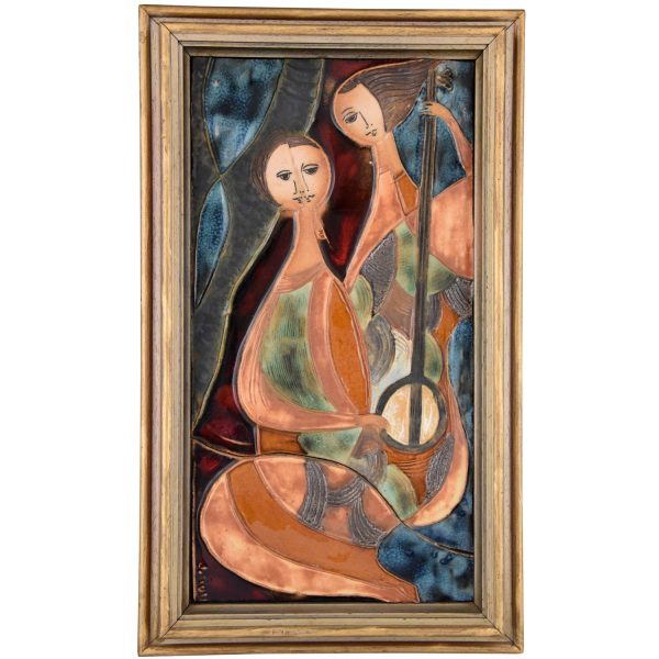 Glazed ceramic wall plaque with two women with instruments.