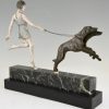 Art Deco bronze sculpture girl with dogs