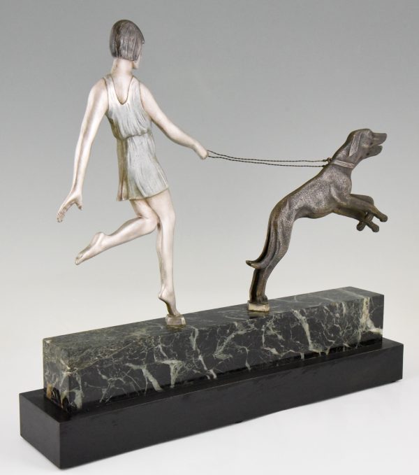 Art Deco bronze sculpture girl with dogs