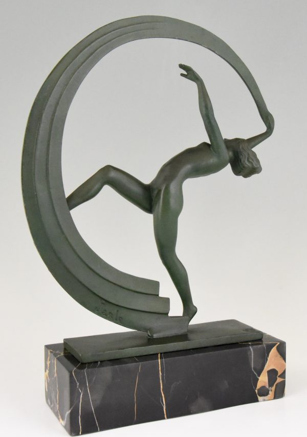 Art Deco sculpture of a nude scarf dancer, Bacchanale