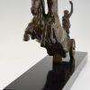 Art Deco bronzen sculptuur paarden met strijdwagen