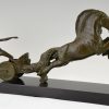 Art Deco bronzen sculptuur paarden met strijdwagen