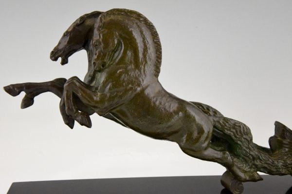 Art Deco bronzen sculptuur paarden met strijdwagen
