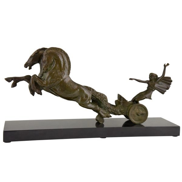 Art Deco bronzen sculptuur paarden met strijdwagen