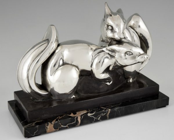 Art Deco silvered bronze sculpture two squirrels