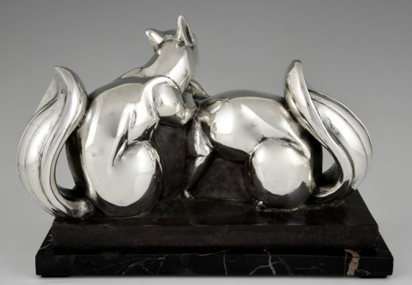 Art Deco silvered bronze sculpture two squirrels