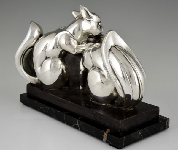 Art Deco silvered bronze sculpture two squirrels