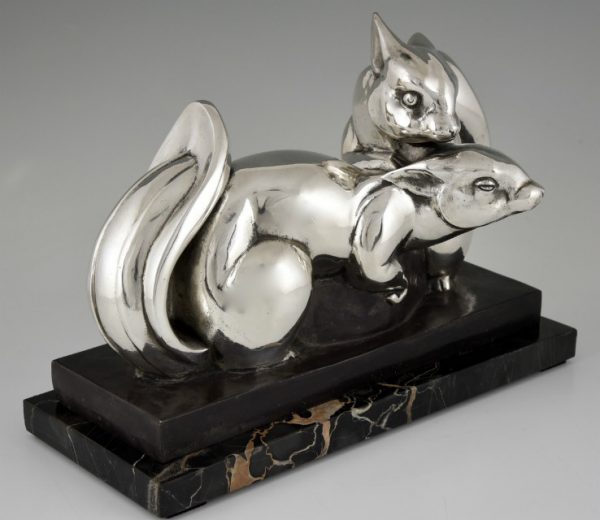 Art Deco silvered bronze sculpture two squirrels