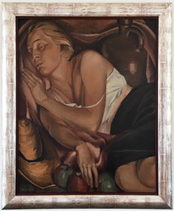 Art Deco painting sleeping woman with 3 apples