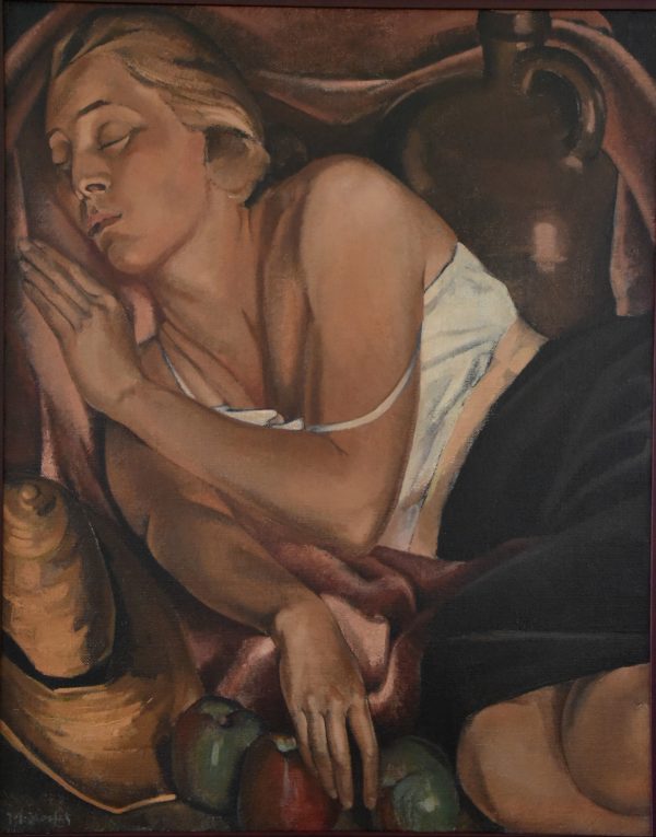 Art Deco painting sleeping woman with 3 apples