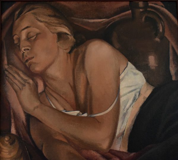 Art Deco painting sleeping woman with 3 apples
