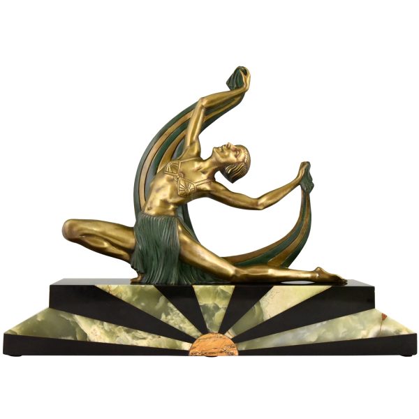 Art Deco bronze sculpture of a scarf dancer on sunburst base