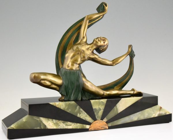 Art Deco bronze sculpture of a scarf dancer on sunburst base