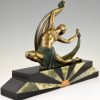 Art Deco bronze sculpture of a scarf dancer on sunburst base