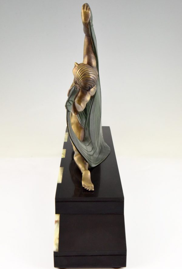 Art Deco bronze sculpture of a scarf dancer on sunburst base