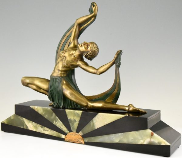 Art Deco bronze sculpture of a scarf dancer on sunburst base