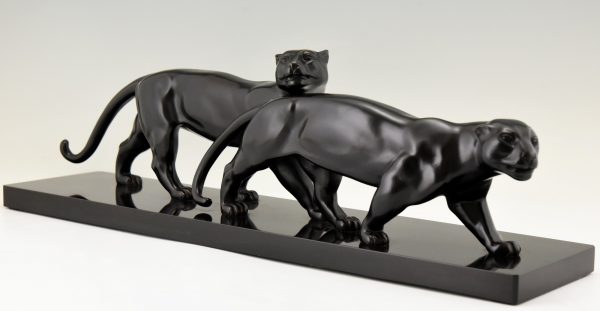 Art Deco bronzen sculptuur twee panthers