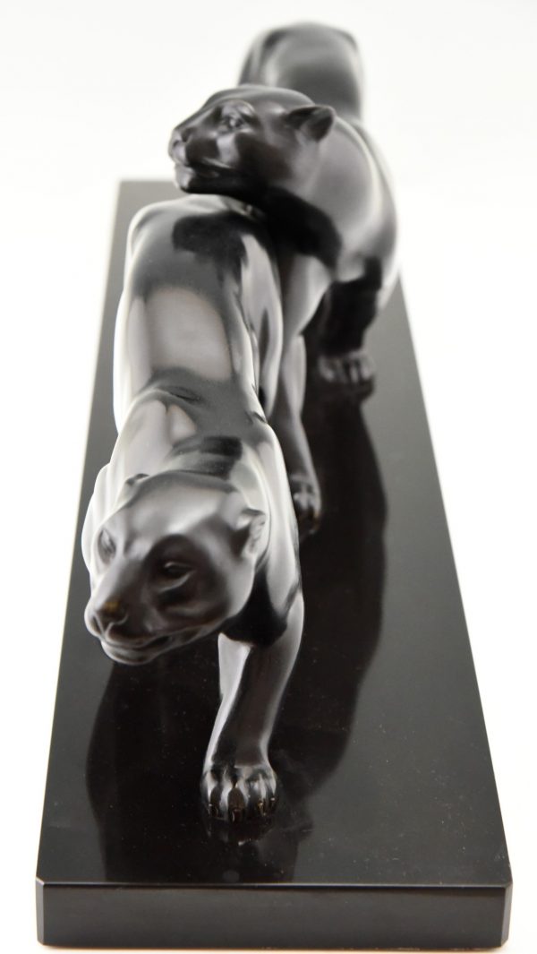 Art Deco bronzen sculptuur twee panthers