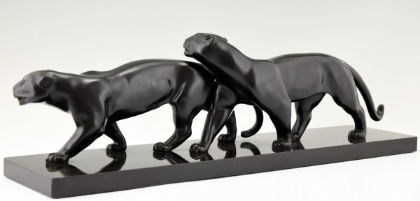 Art Deco bronzen sculptuur twee panthers