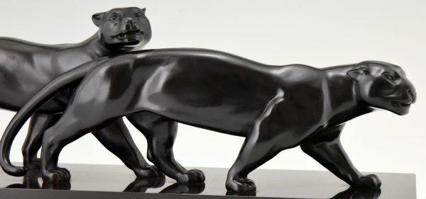 Art Deco bronzen sculptuur twee panthers