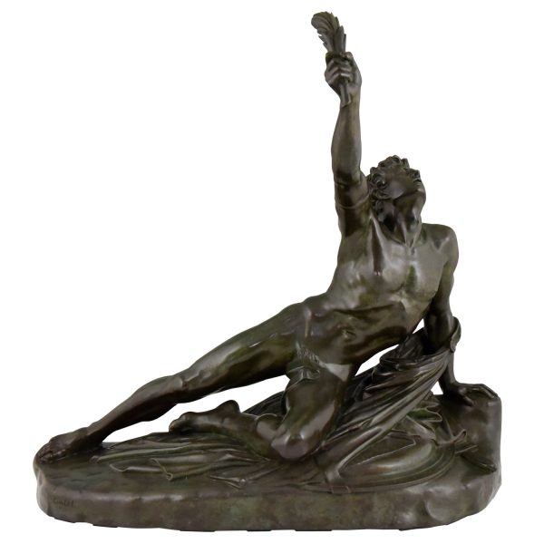 Soldier of Marathon, antique bronze sculpture man with laurel branch