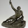 Soldier of Marathon, antique bronze sculpture man with laurel branch