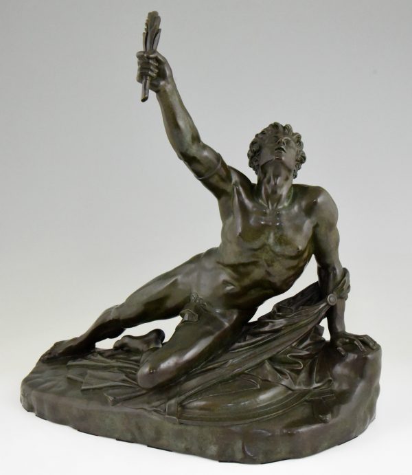 Soldier of Marathon, antique bronze sculpture man with laurel branch