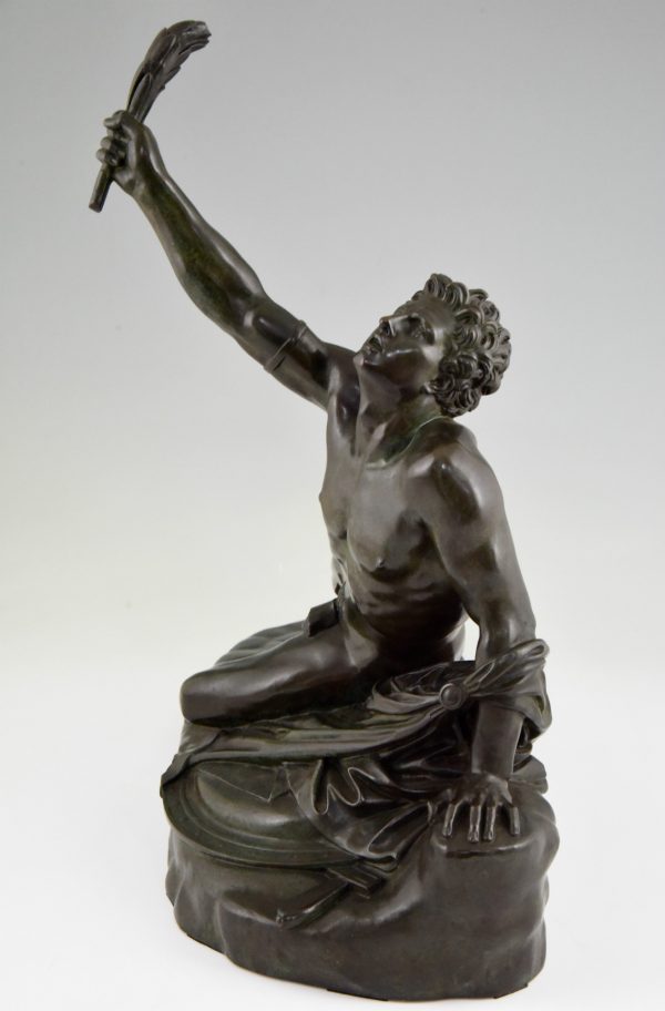 Soldier of Marathon, antique bronze sculpture man with laurel branch