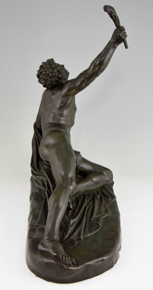 Soldier of Marathon, antique bronze sculpture man with laurel branch