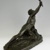 Soldier of Marathon, antique bronze sculpture man with laurel branch