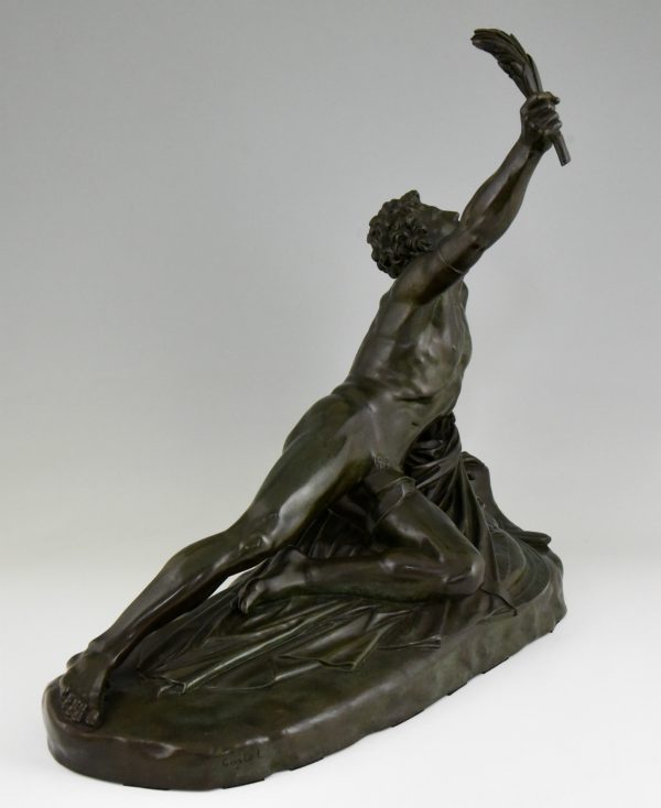 Soldier of Marathon, antique bronze sculpture man with laurel branch