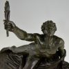 Soldier of Marathon, antique bronze sculpture man with laurel branch