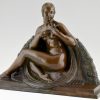 Bronze sculpture Art Deco femme nue avec rose