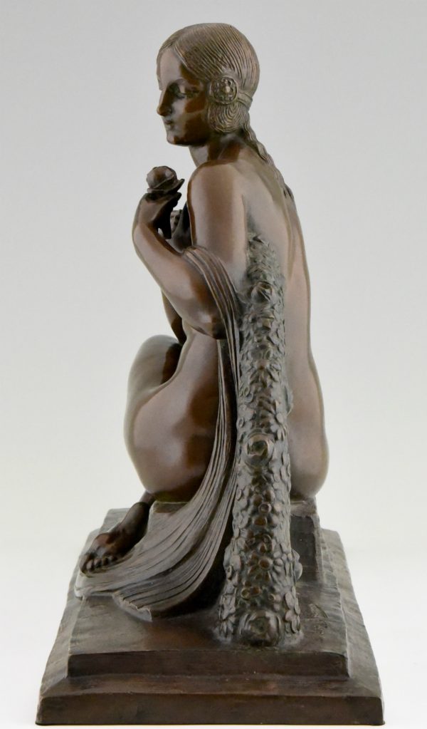 Art Deco bronze sculpture nude with rose.