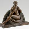 Bronze sculpture Art Deco femme nue avec rose