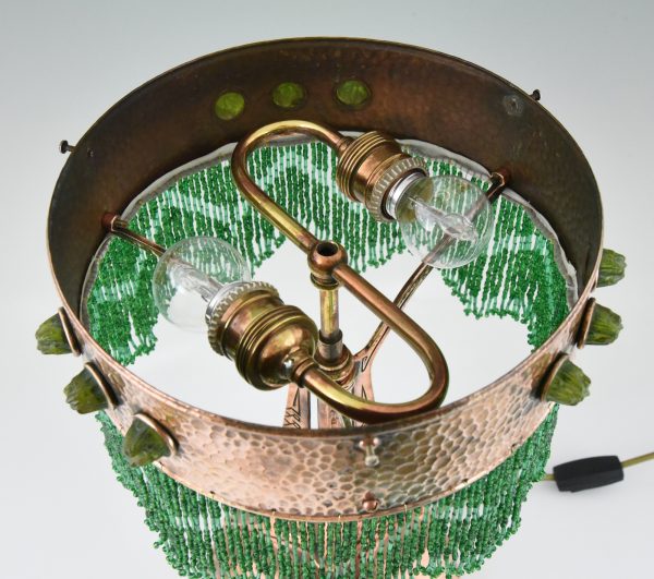 Lampe Art Nouveau cuivre abat jour en verre Loetz