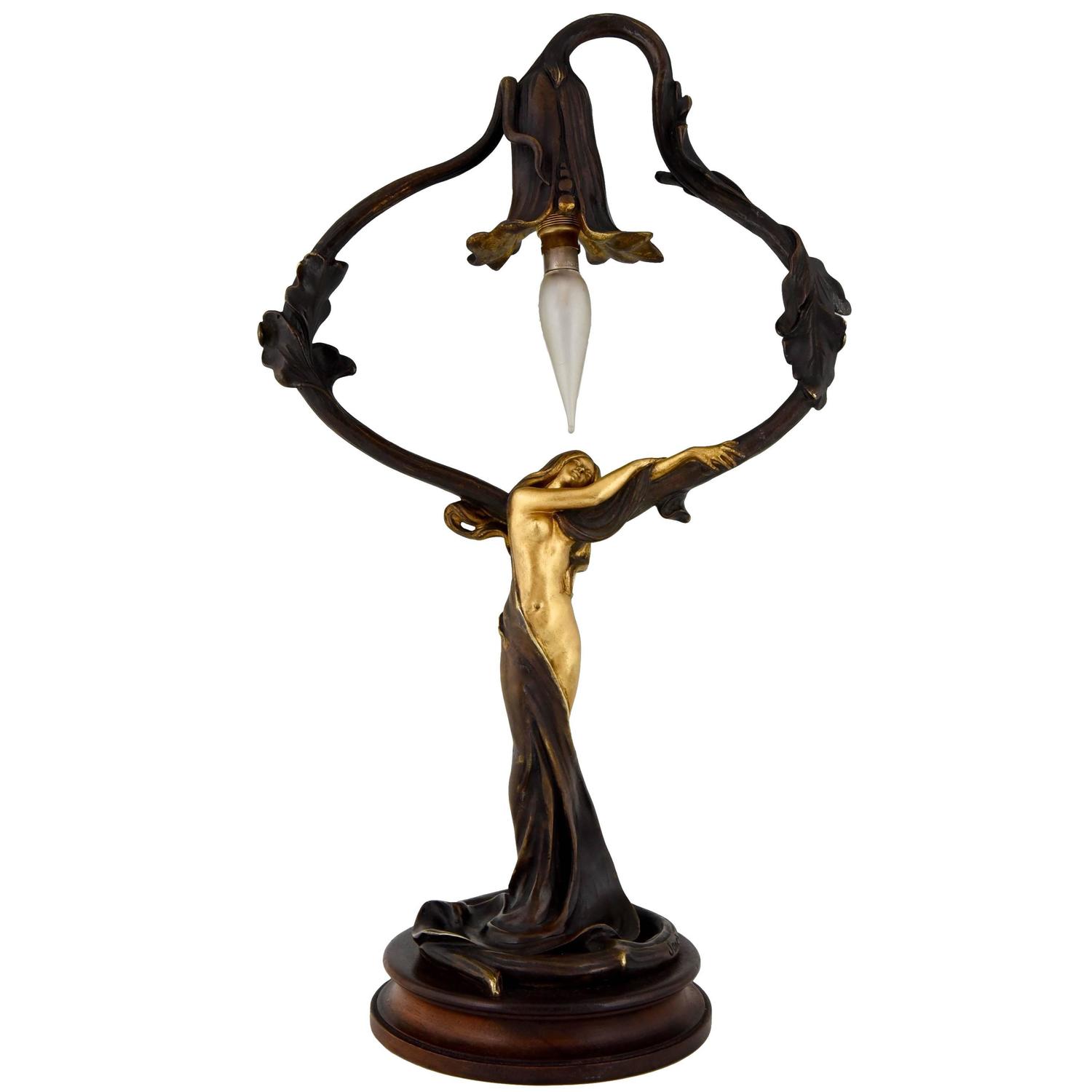 Jugendstil bronzen lamp met vrouwelijk naakt