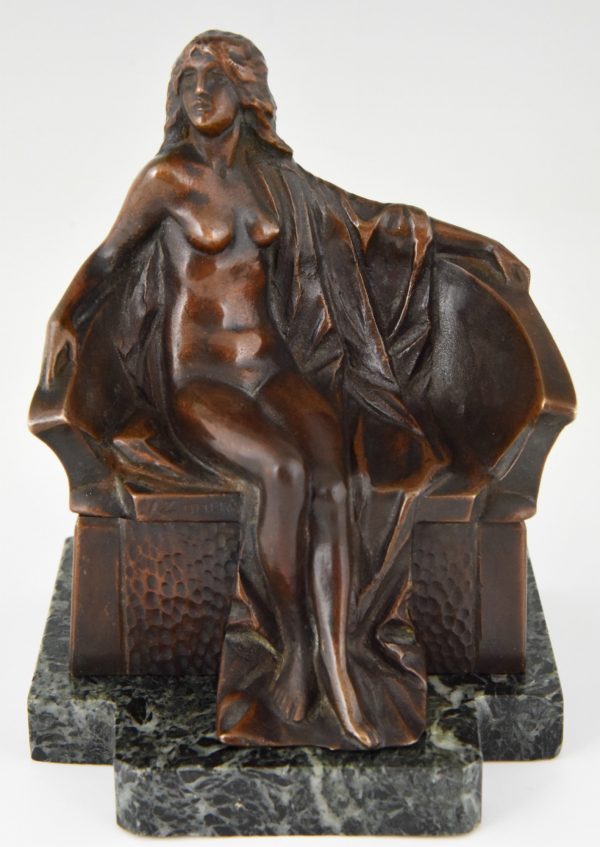 Art Nouveau bronze box sculpture nude on a bench