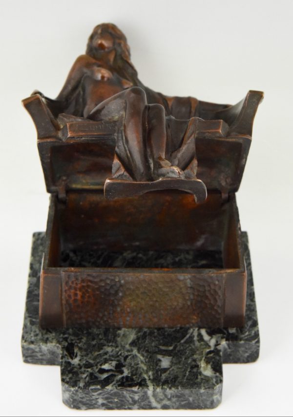 Art Nouveau bronze box sculpture nude on a bench