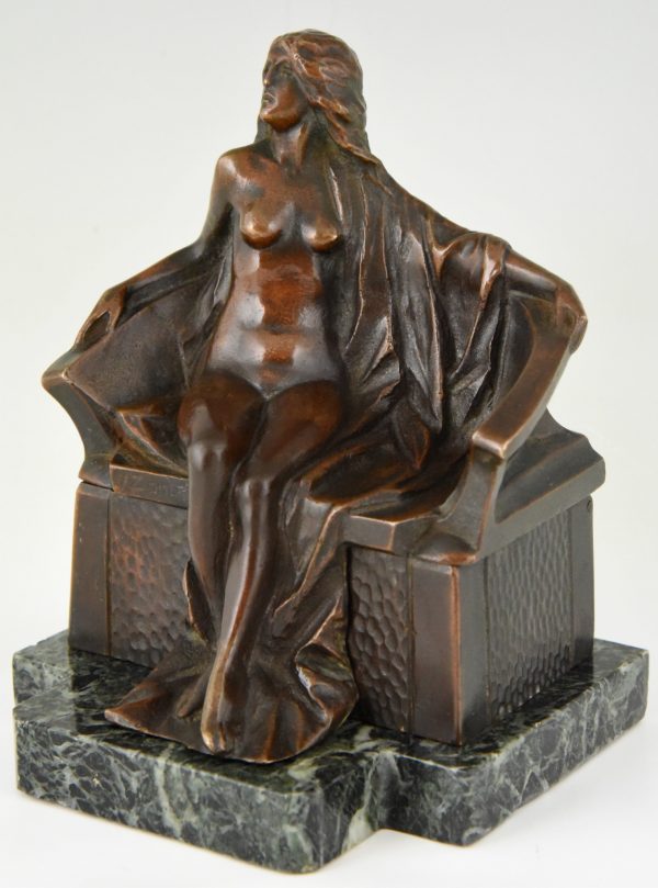 Art Nouveau bronze box sculpture nude on a bench