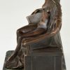 Art Nouveau bronzen doos sculptuur naakte vrouw op bank